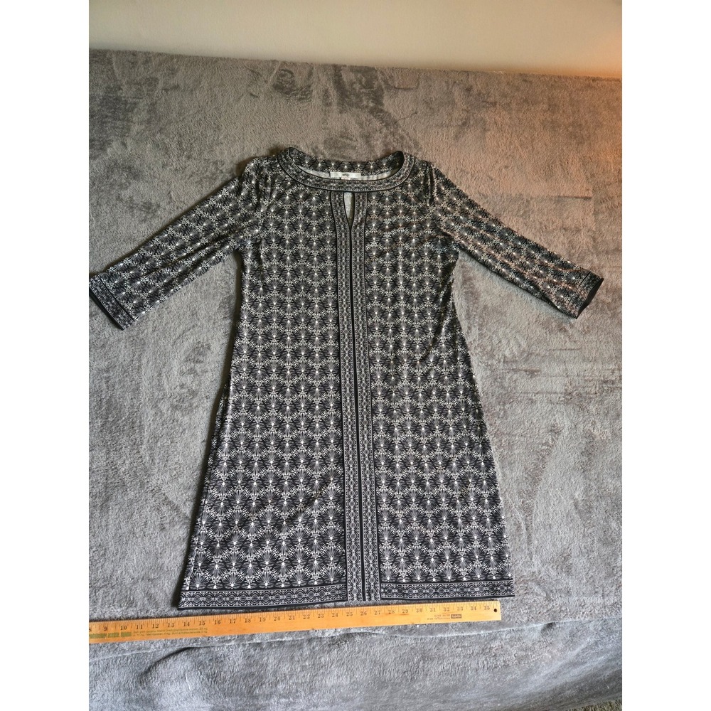 Wisp Shift Dress Women 10 Black White Excellent Geometric Fan Keyhole 3/4 Sleeve